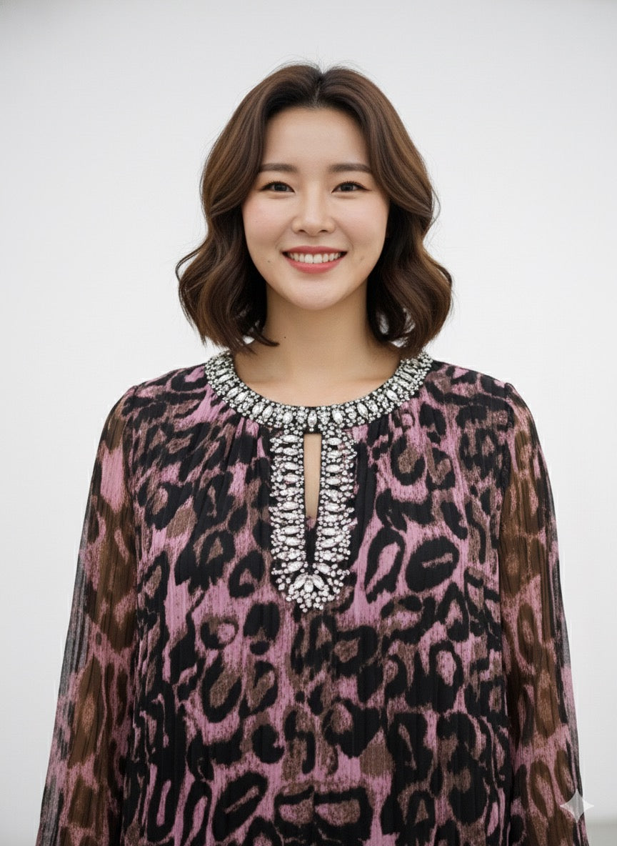 Imported Designer Animal Print Long Maxi Dress With Rhinestone