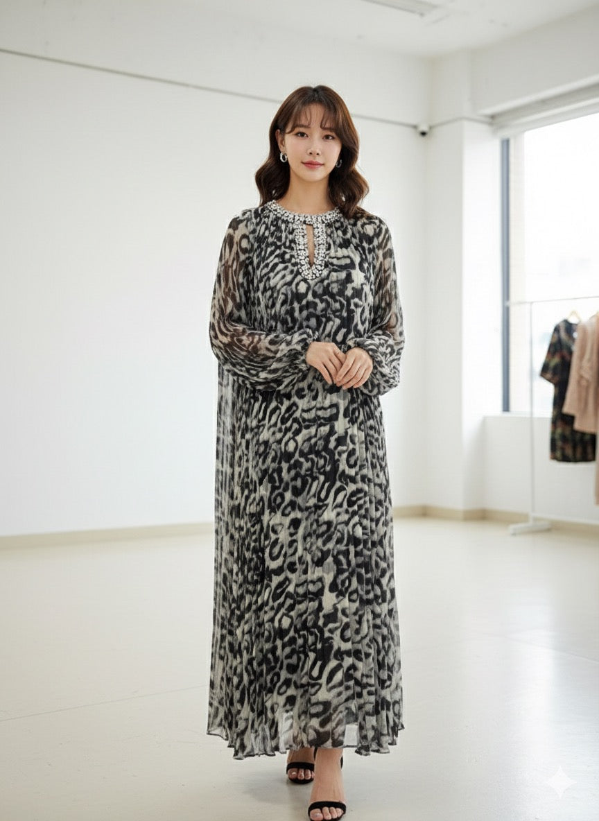 Imported Designer Animal Print Long Maxi Dress With Rhinestone