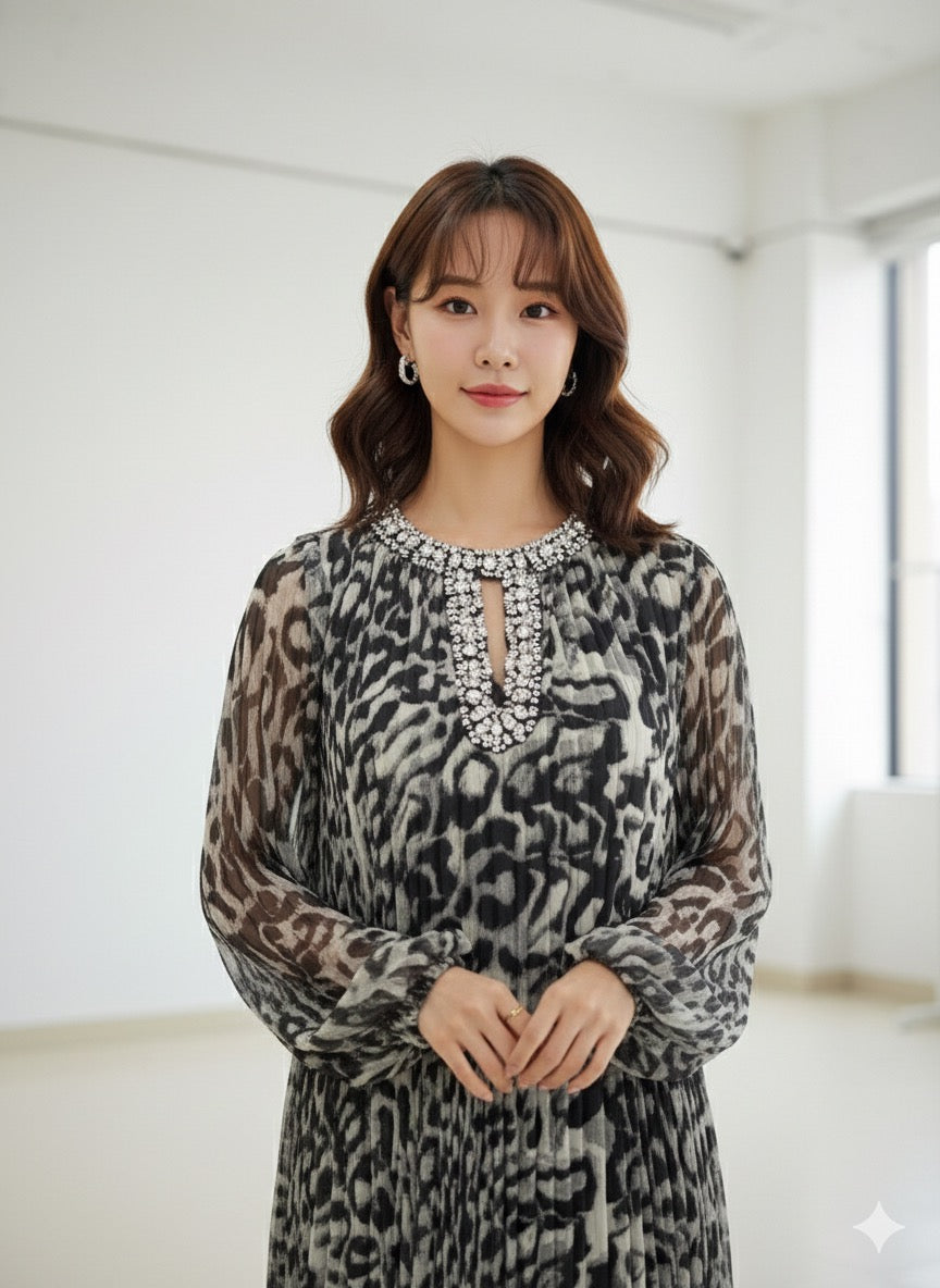 Imported Designer Animal Print Long Maxi Dress With Rhinestone