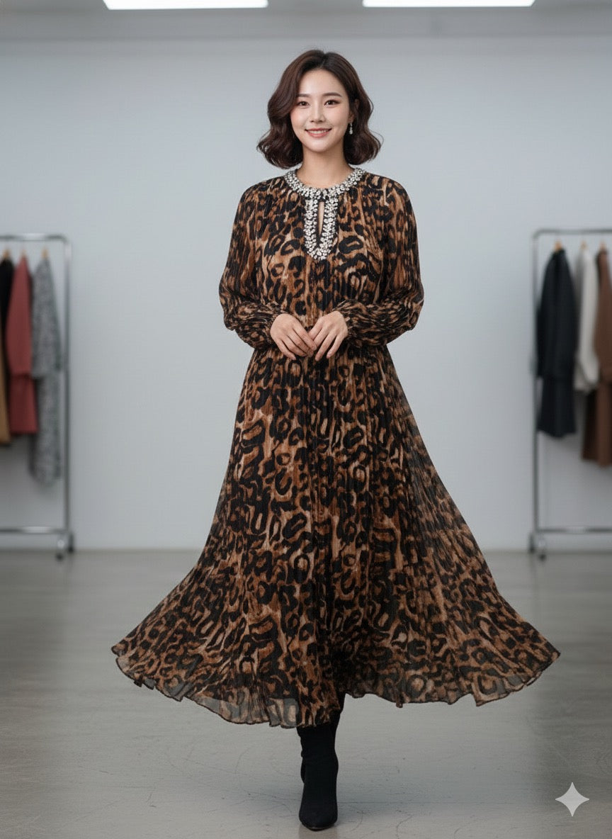 Imported Designer Animal Print Long Maxi Dress With Rhinestone