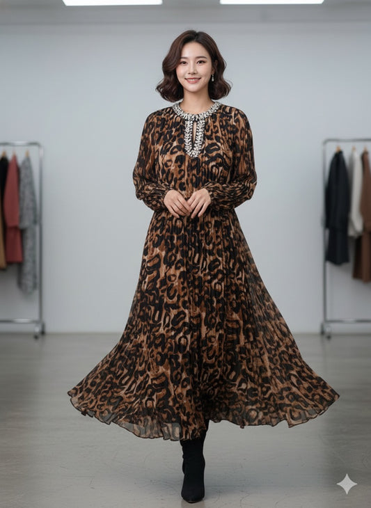 Imported Designer Animal Print Long Maxi Dress With Rhinestone