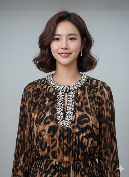 Imported Designer Animal Print Long Maxi Dress With Rhinestone