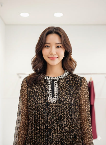 Imported Designer Animal Print Long Maxi Dress With Rhinestone