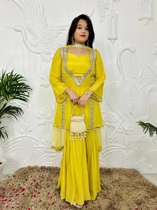 Designer Partywear Shimmer Organza Suit With Sharara With Mirror Work