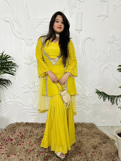 Designer Partywear Shimmer Organza Suit With Sharara With Mirror Work