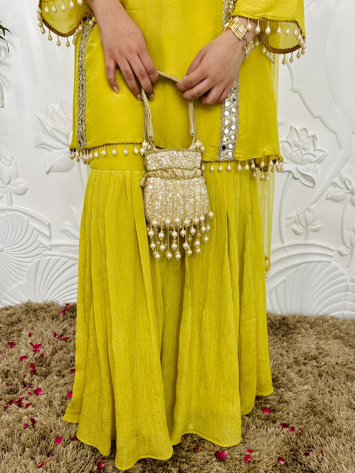 Designer Partywear Shimmer Organza Suit With Sharara With Mirror Work