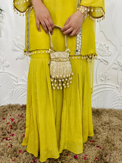 Designer Partywear Shimmer Organza Suit With Sharara With Mirror Work