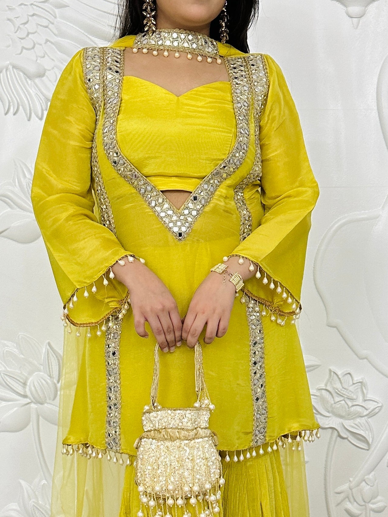 Designer Partywear Shimmer Organza Suit With Sharara With Mirror Work