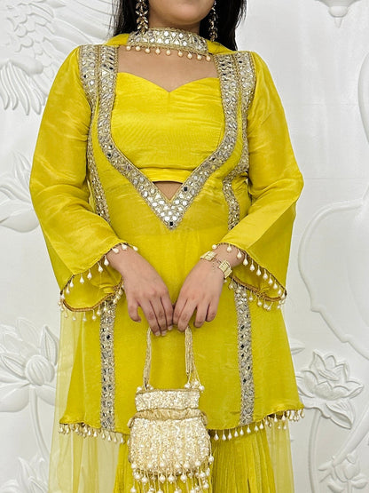 Designer Partywear Shimmer Organza Suit With Sharara With Mirror Work