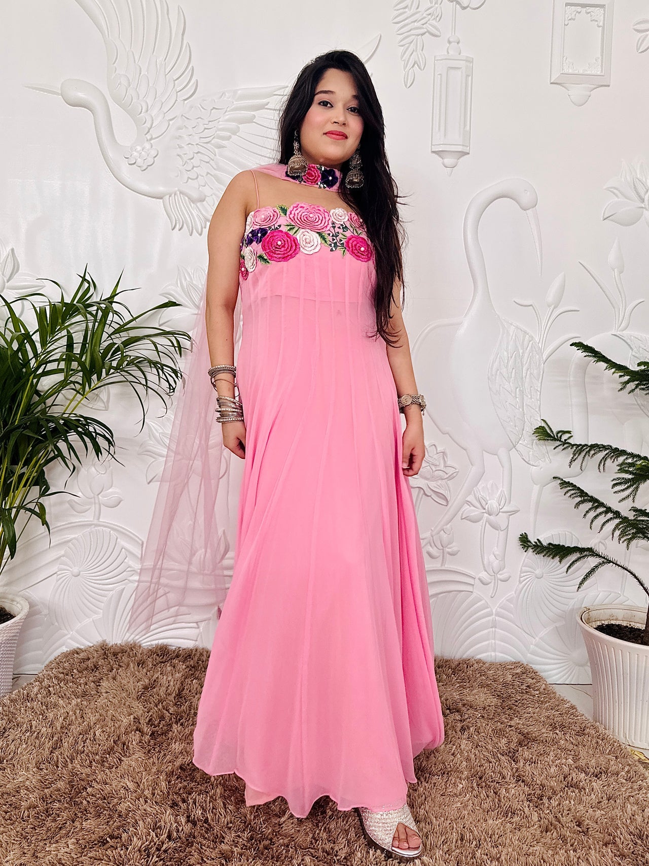 Blush Pink Designer Partywear Georgette Anarkali With Floral Patchwork