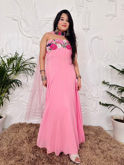 Blush Pink Designer Partywear Georgette Anarkali With Floral Patchwork