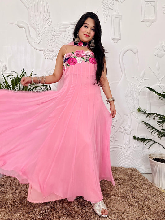 Blush Pink Designer Partywear Georgette Anarkali With Floral Patchwork