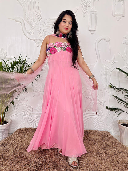 Blush Pink Designer Partywear Georgette Anarkali With Floral Patchwork