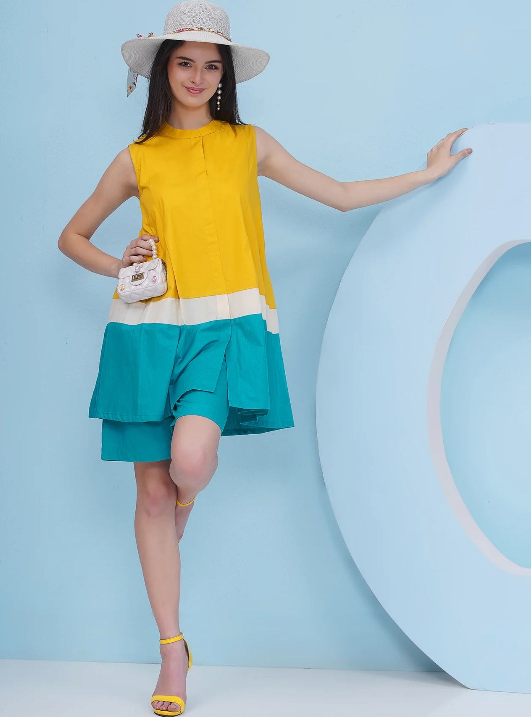 Designer Pure Cotton Yellow Loose Fit Top With Blue Shorts Set