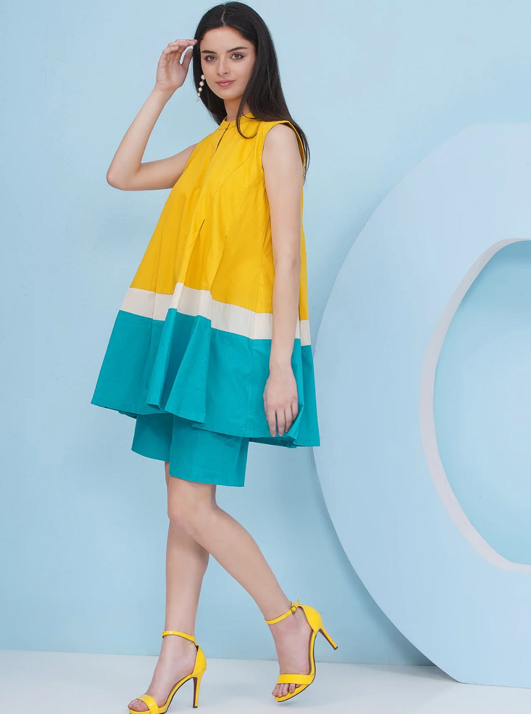Designer Pure Cotton Yellow Loose Fit Top With Blue Shorts Set