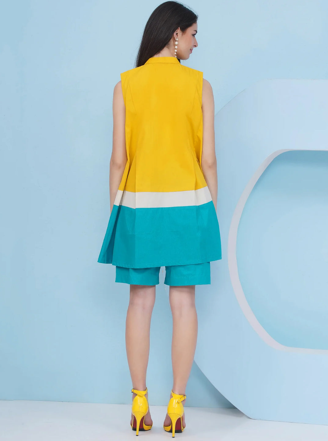 Designer Pure Cotton Yellow Loose Fit Top With Blue Shorts Set