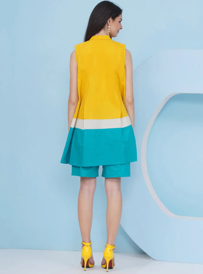 Designer Pure Cotton Yellow Loose Fit Top With Blue Shorts Set