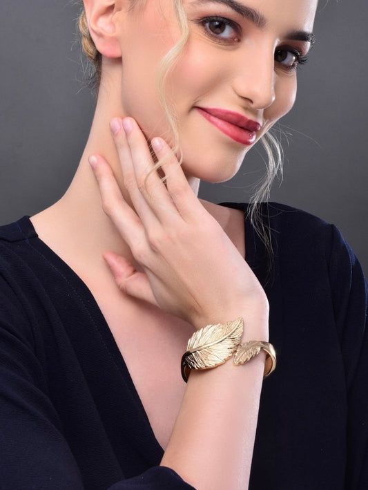 Anti-Tarnish 18K Gold Plated Leaf Design Hand Cuff Bracelet