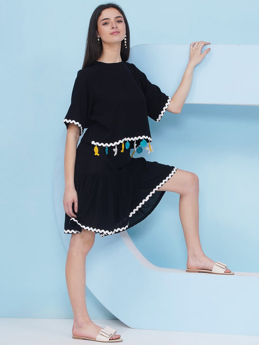 Designer Pure Cotton Black Rayon Crepe Shorts Coord Set