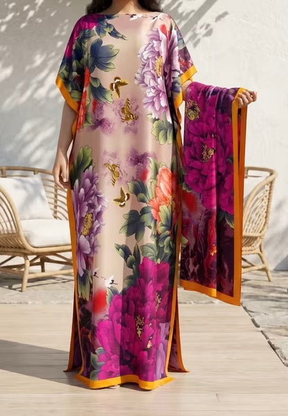Imported Pure Japan Satin Long Kaftan Dress With Stole