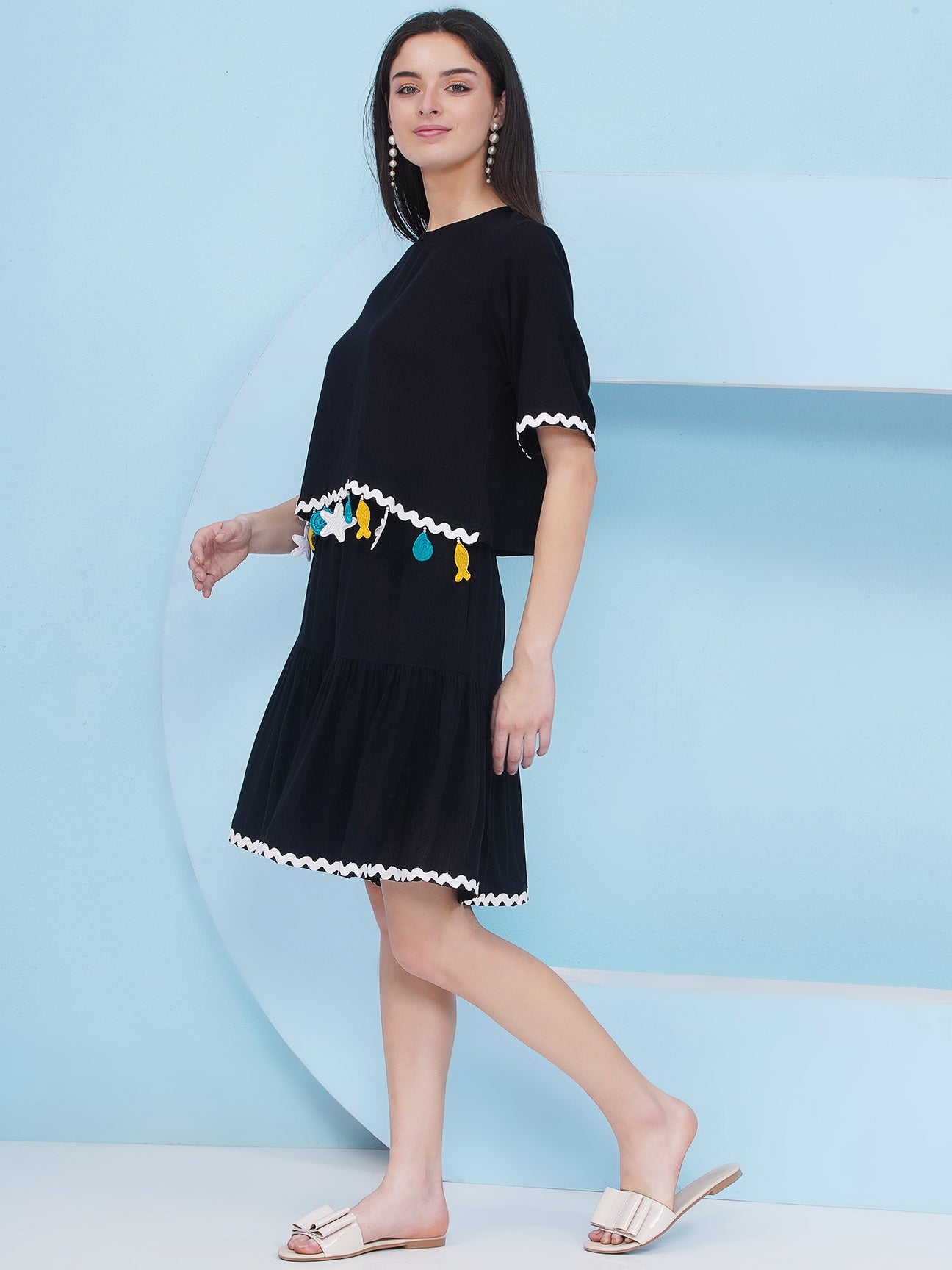 Designer Pure Cotton Black Rayon Crepe Shorts Coord Set