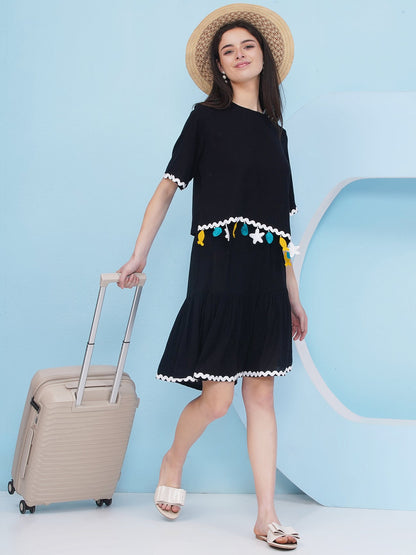 Designer Pure Cotton Black Rayon Crepe Shorts Coord Set