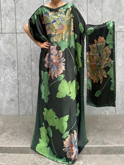 Imported Pure Japan Satin Long Kaftan Dress With Stole