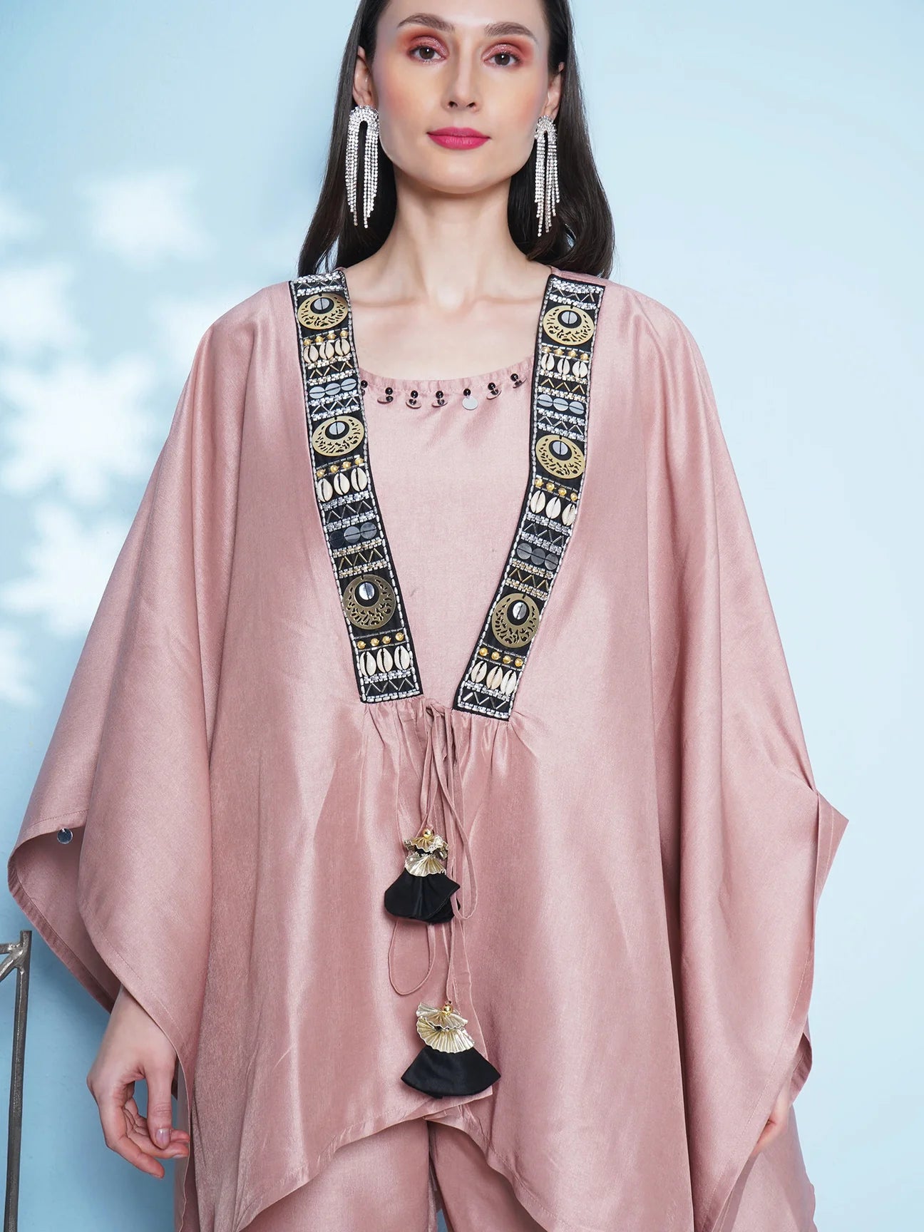 Rose Gold Silk Muslin 3 Piece Hand Embellished Kaftaan Set