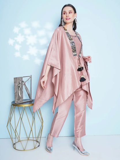 Rose Gold Silk Muslin 3 Piece Hand Embellished Kaftaan Set