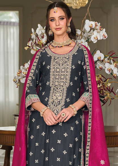 Partywear Dark Blue Silk Suit with Embroidery & Mirror Work