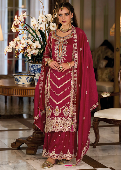 Maroon Mirror Work & Zari Embroidered Sharara Suit