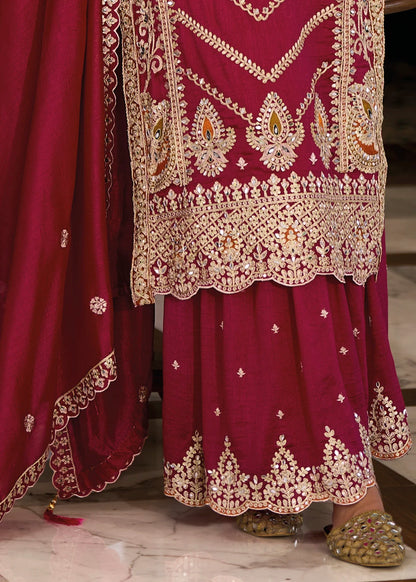 Maroon Mirror Work & Zari Embroidered Sharara Suit