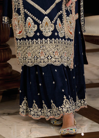 Navy Blue Zari & Mirrorwork Sharara Suit