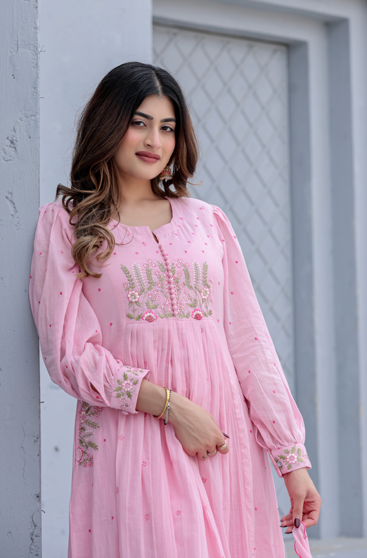 Pure Mul Cotton Anarkali Suit With Intricate Embroidery With Dupatta