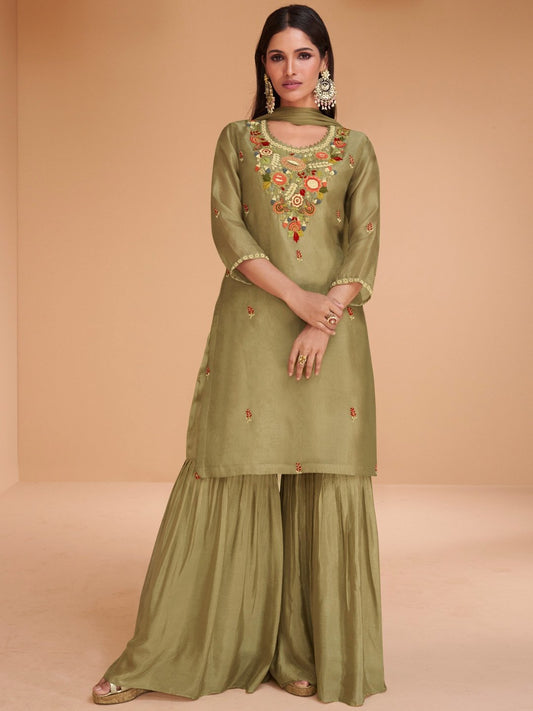 Mehendi Green Multi Embroidery Organza Kurti And Gharara Suit