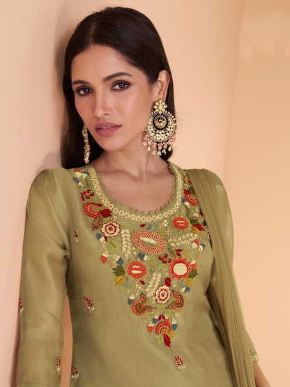 Mehendi Green Multi Embroidery Organza Kurti And Gharara Suit