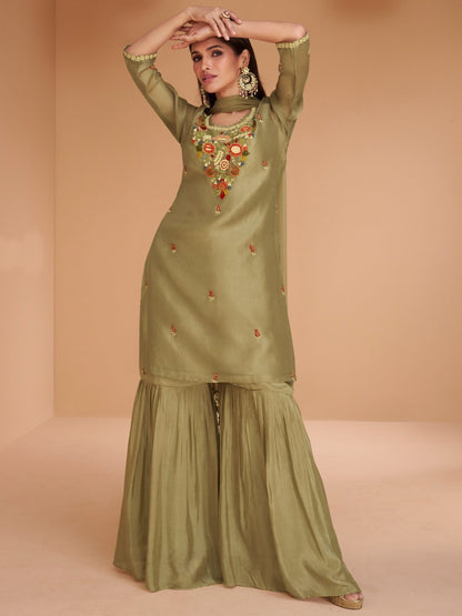 Mehendi Green Multi Embroidery Organza Kurti And Gharara Suit