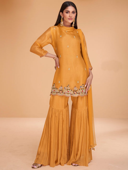 Mustard Yellow Multi Embroidery Organza Kurti And Gharara Suit