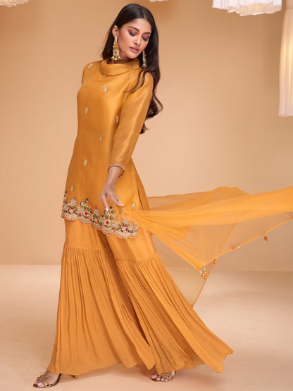 Mustard Yellow Multi Embroidery Organza Kurti And Gharara Suit