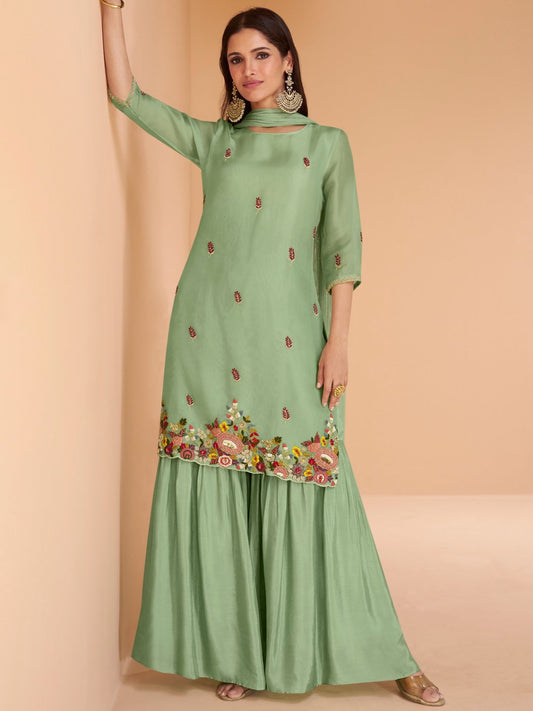 Pista Green Multi Embroidery Organza Kurti And Gharara Suit