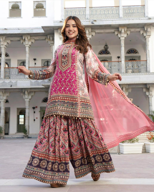 Grey Floral Print Embellished Crepe Satin Kurta With Sharara And Dupatta
