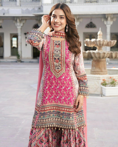 Grey Floral Print Embellished Crepe Satin Kurta With Sharara And Dupatta