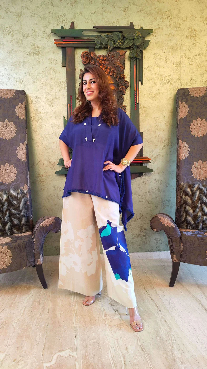 Designer Trendy Kaftan Style Top With Printed Flared Plazo Pants