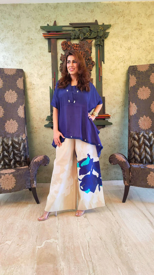 Designer Trendy Kaftan Style Top With Printed Flared Plazo Pants