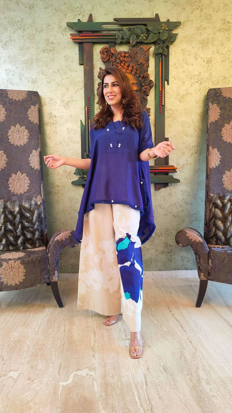 Designer Trendy Kaftan Style Top With Printed Flared Plazo Pants