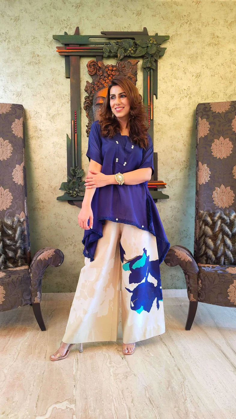 Designer Trendy Kaftan Style Top With Printed Flared Plazo Pants
