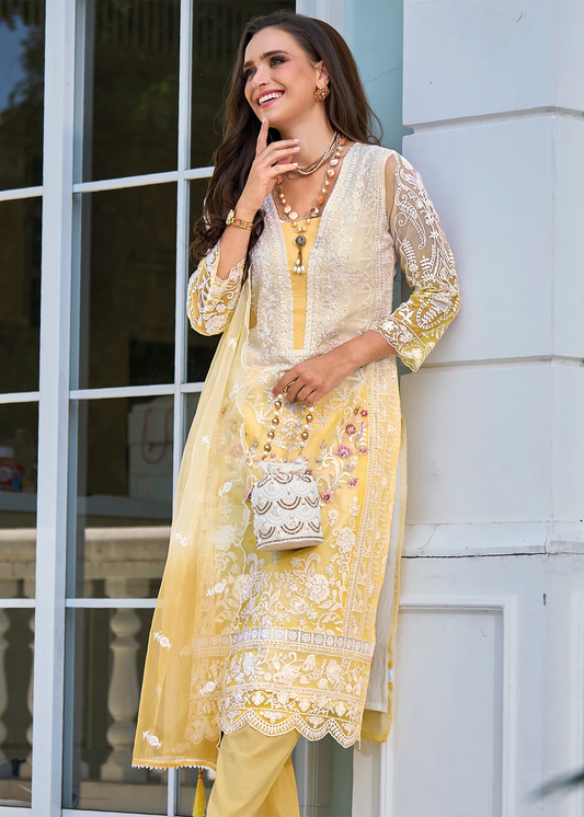 Lemon Yellow Ombre Organza Embroidered Pakistani Suit