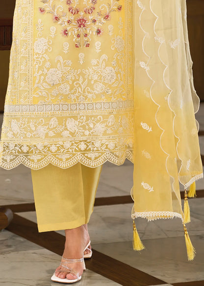 Lemon Yellow Ombre Organza Embroidered Pakistani Suit