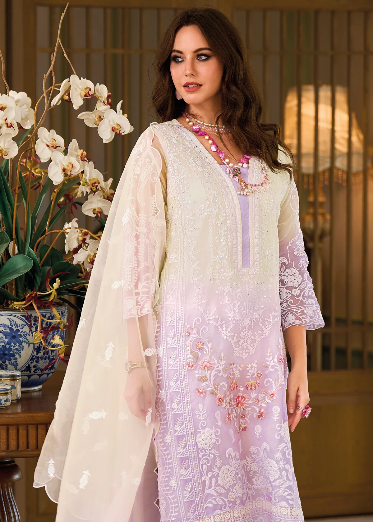 Lavender Ombre Organza Embroidered Pakistani Suit