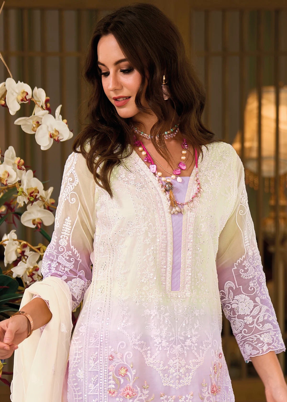 Lavender Ombre Organza Embroidered Pakistani Suit